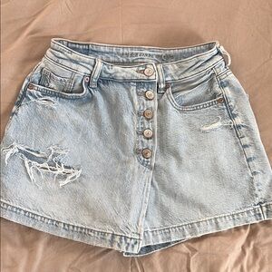 Light Blue Denim Skort with Distressed Details